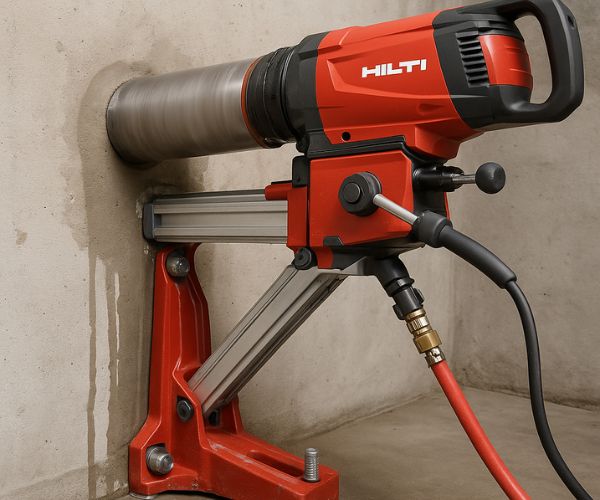 Carottage béton avec carotteuse diamant Hilti montée sur support, en action sur un mur en béton.